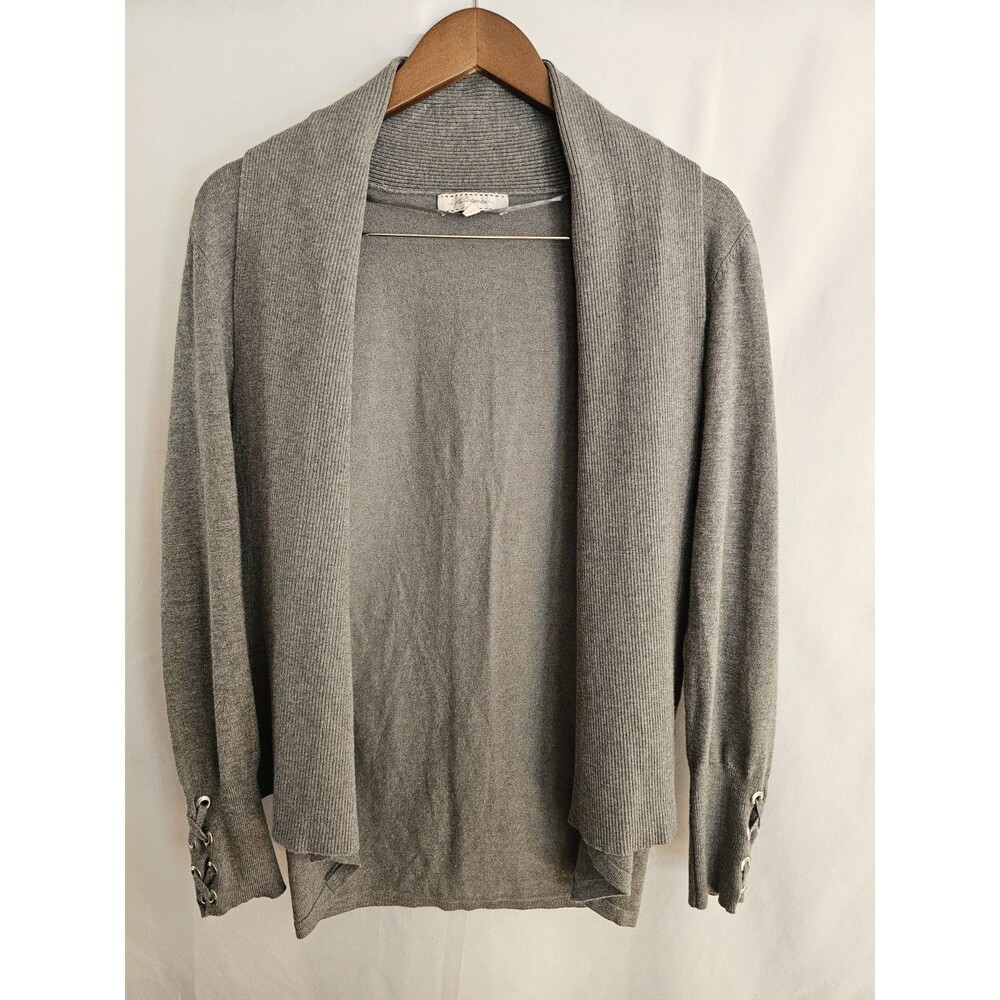 Pointelle Cardigan Gray Open Front Sweater Womens Medium Lace-Up Sleeve Detail